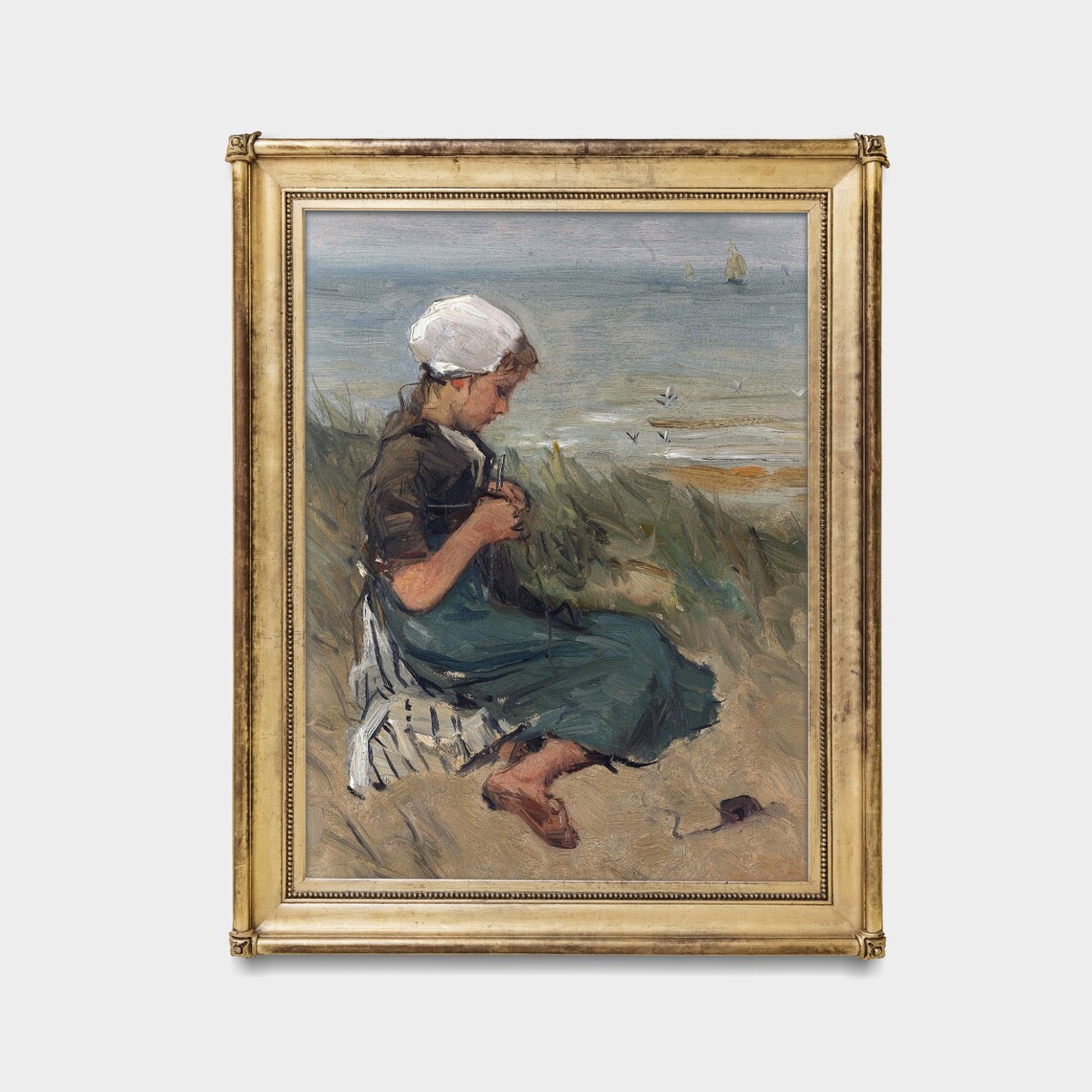 Young Girl Knitting by the Sea Shore Vintage Beach Portrait Poster - Image 3
