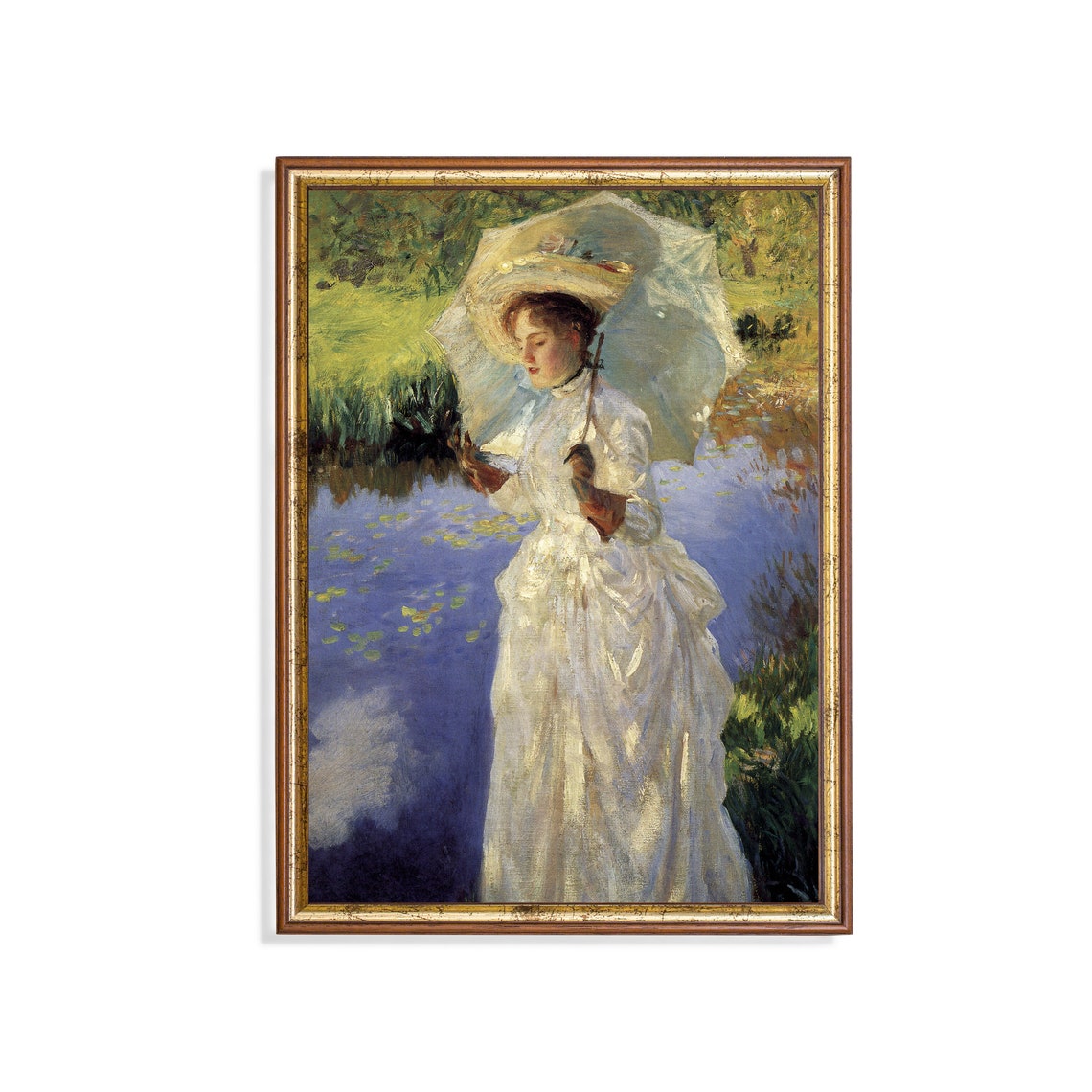 Lady in White with Parasol by a Pond by Sargent Classic Poster