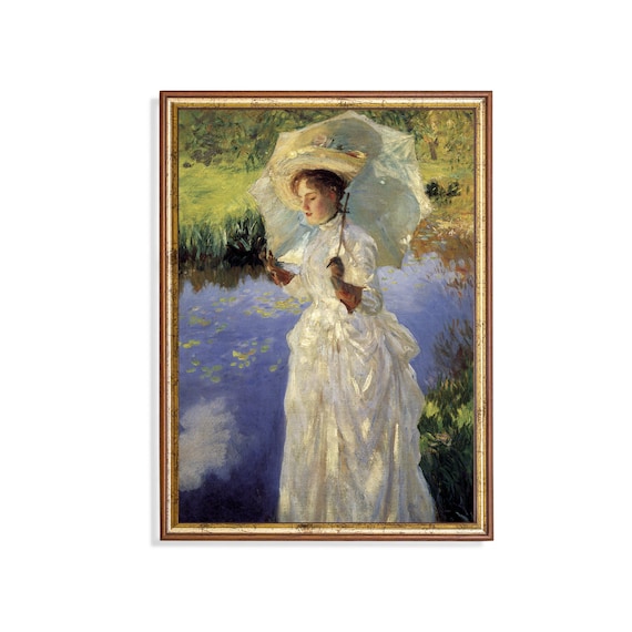 Lady in White with Parasol by a Pond by Sargent Classic Poster