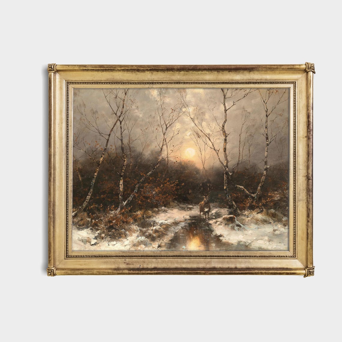 Stag In A Snowy Birch Forest At Moonlight Vintage Art Poster - Image 4
