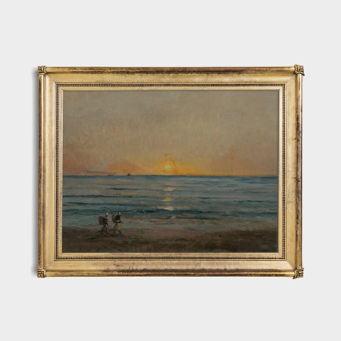 Two Small Figures Walking Along the Beach at Sunset Vintage Poster - Image 4