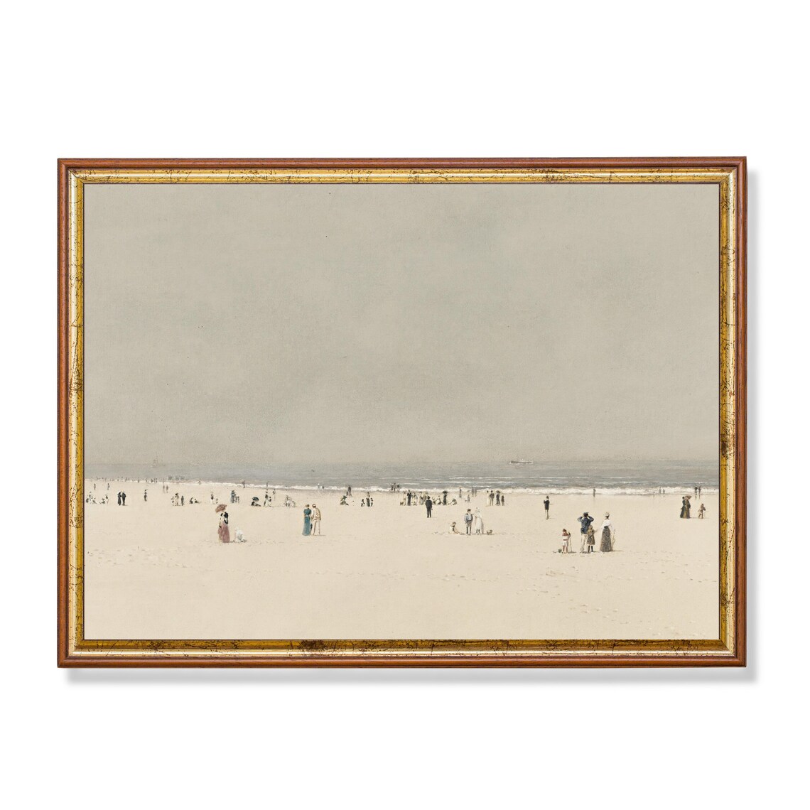Muted Vintage Beach Painting Antique Seaside Figures Wall Art