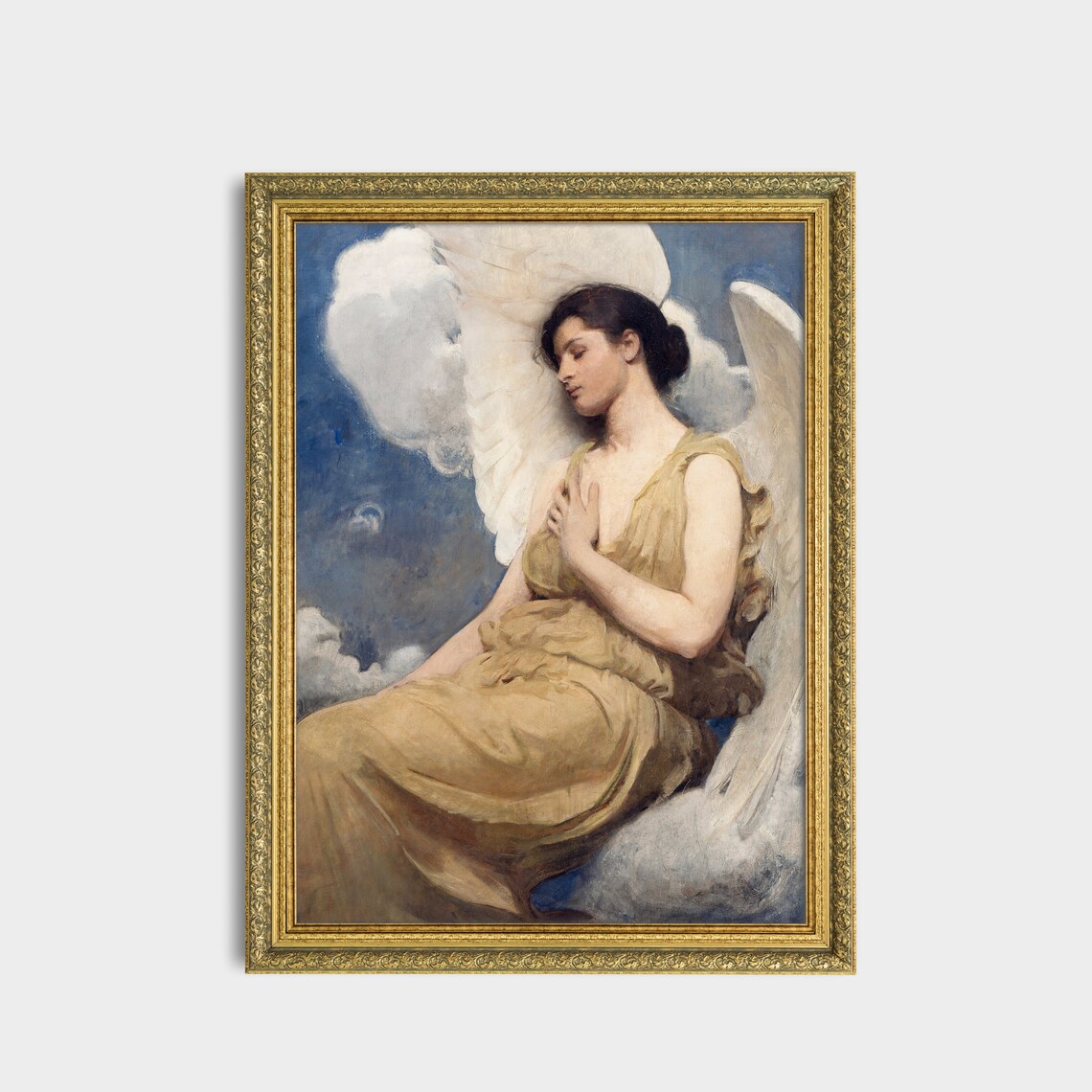 Dreaming Angel Resting on Clouds in Golden Gown Angelic Art Poster - Image 2