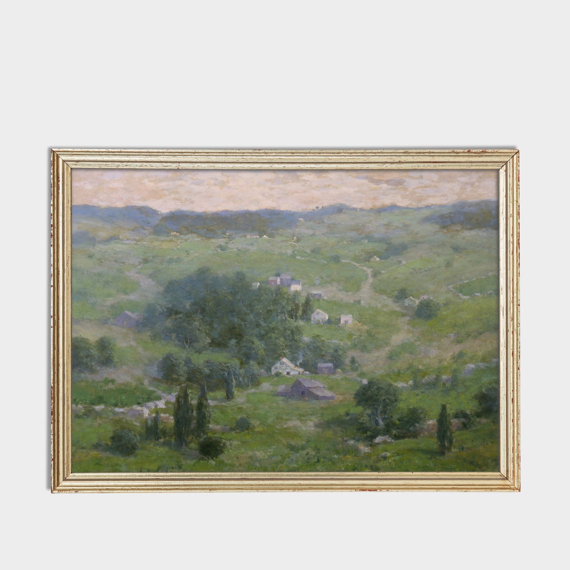 Impressionist Green Valley with Farmhouses Summer Landscape Print - Image 3