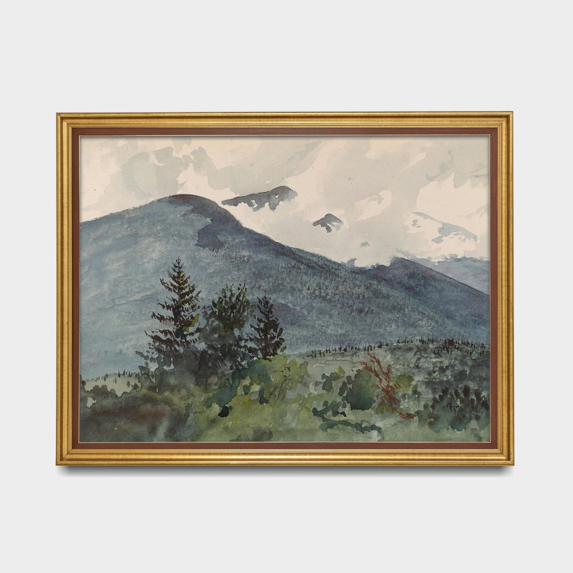 Blue Mountain Peak Rising Above Pine Forest Antique Watercolor Poster - Image 4