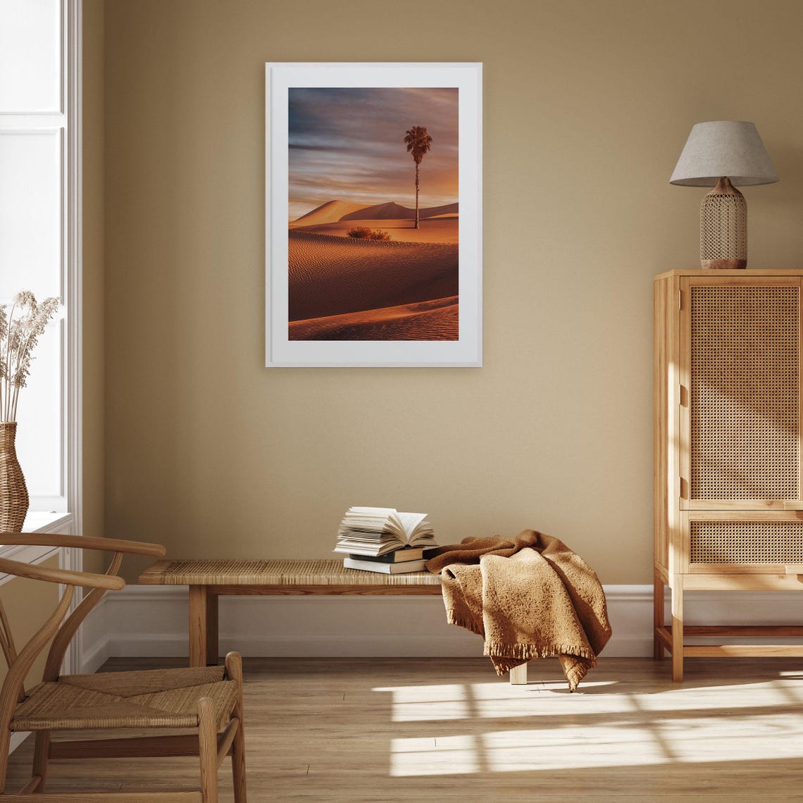 Lone Palm Tree in Sand Dunes at Sunset Golden Warm Desert Print - Image 3