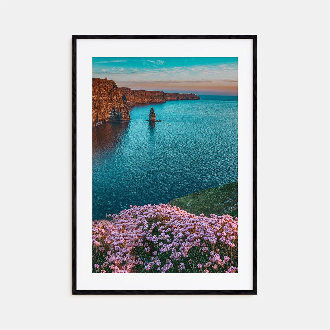 Ireland Cliffs of Moher Sunset Pink Flowers Sea Stack Poster