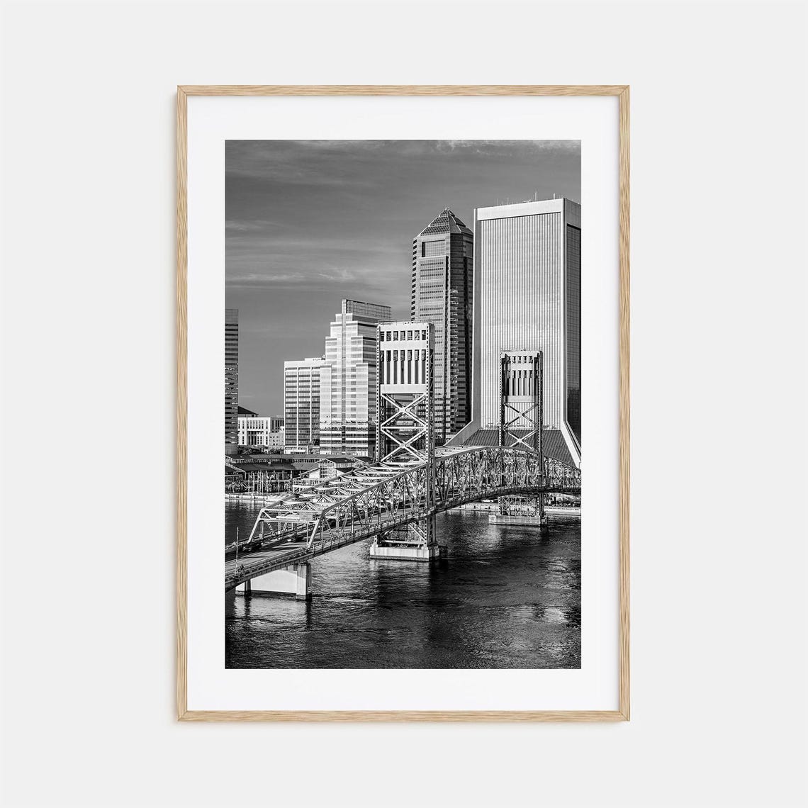 Jacksonville Lift Bridge Spanning The River Skyline Black White Poster