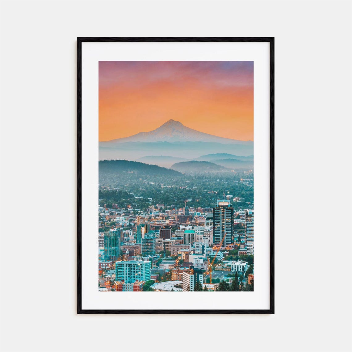 Portland Oregon Skyline Mount Hood Sunset Cityscape Art Poster