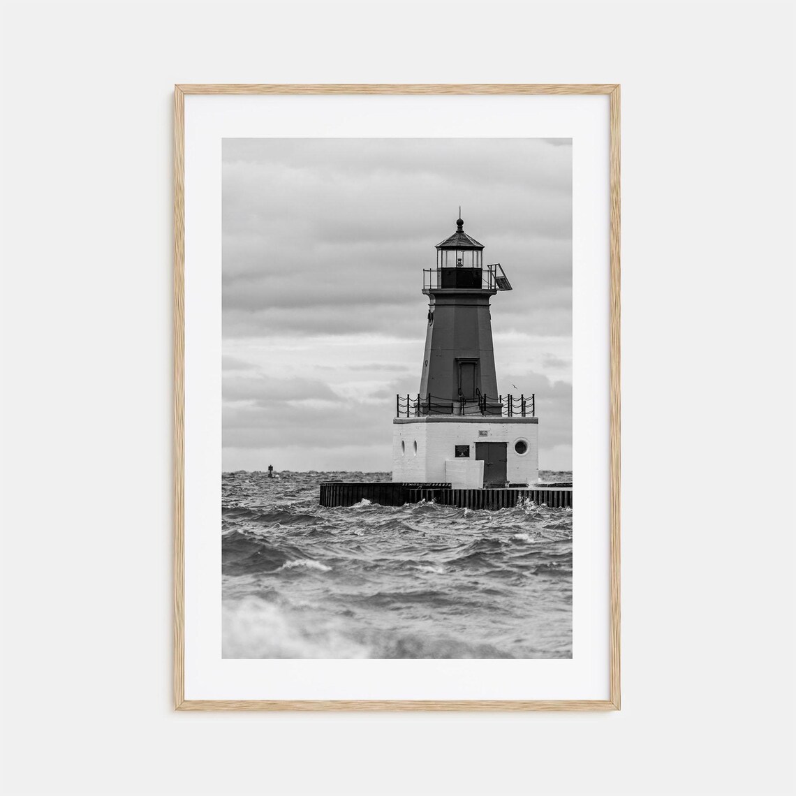 Lake Lighthouse On Stone Breakwater Black And White Photo Poster