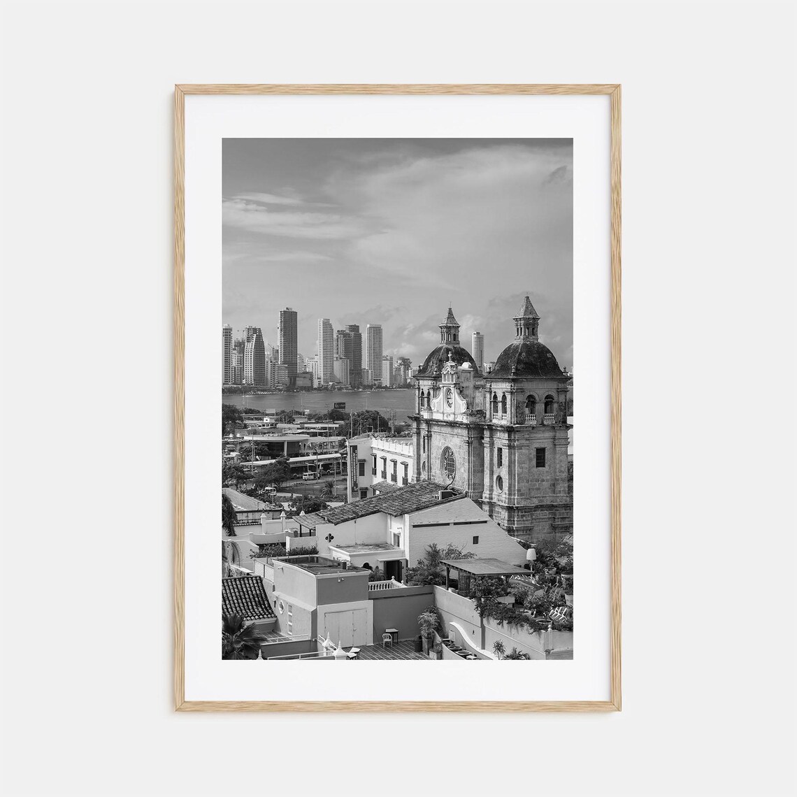 Cartagena de Indias Old Town Church Skyline Black and White Poster