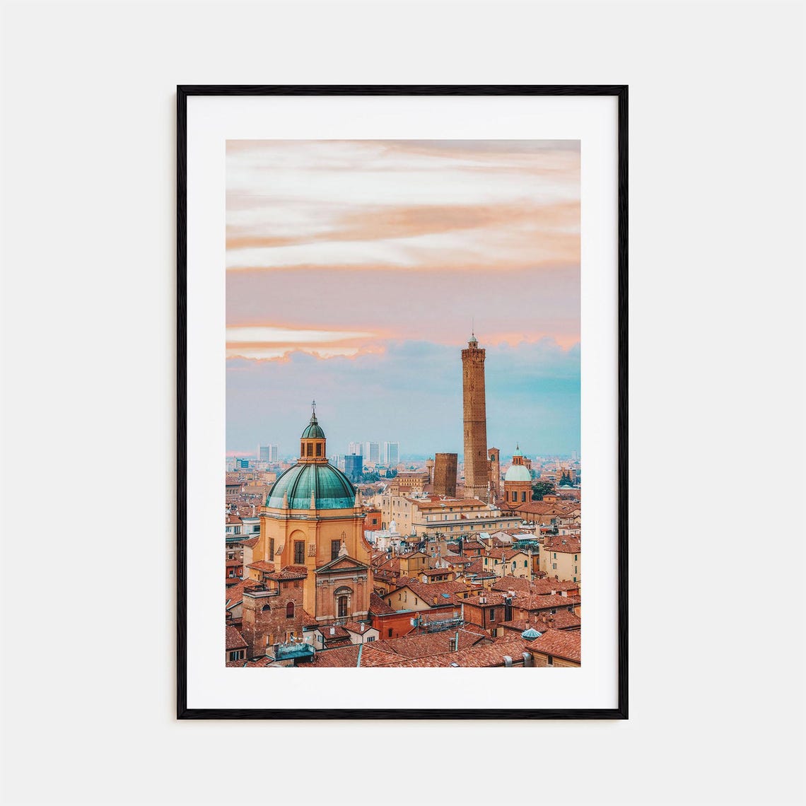 Bologna Two Towers Over Terracotta Rooftops at Sunset Poster