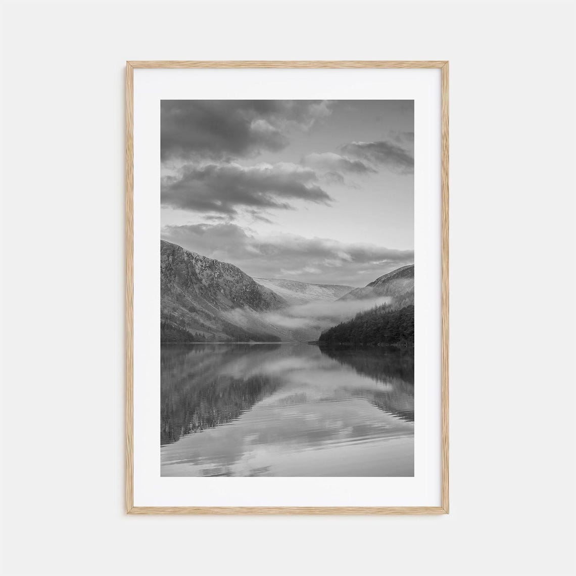 Mirror Lake Between Mountains And Clouds Black And White Poster