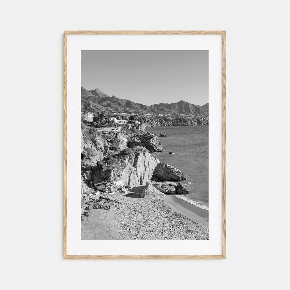 Nerja Costa Del Sol Cliffside Cove Beach Black And White Poster