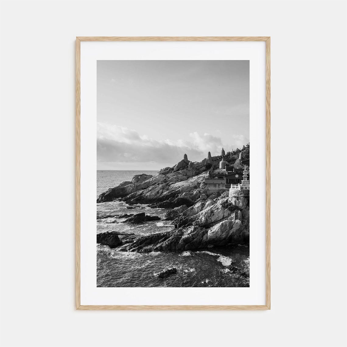 Rocky Coastline Temple on Cliffs Black and White Ocean Poster
