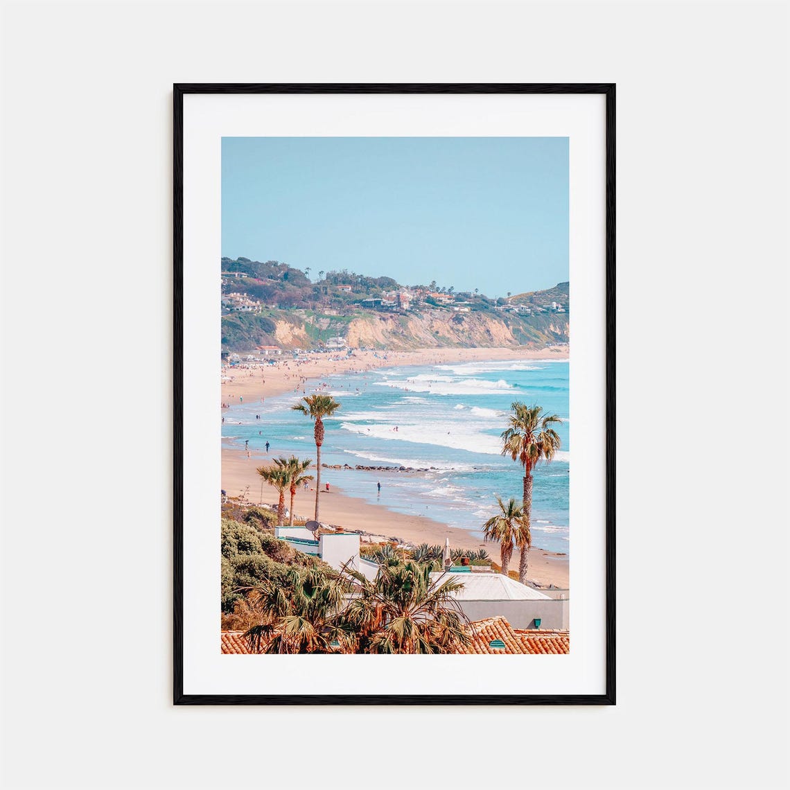 Sunny California Style Beach Town with Palm Trees and Cliffs Poster