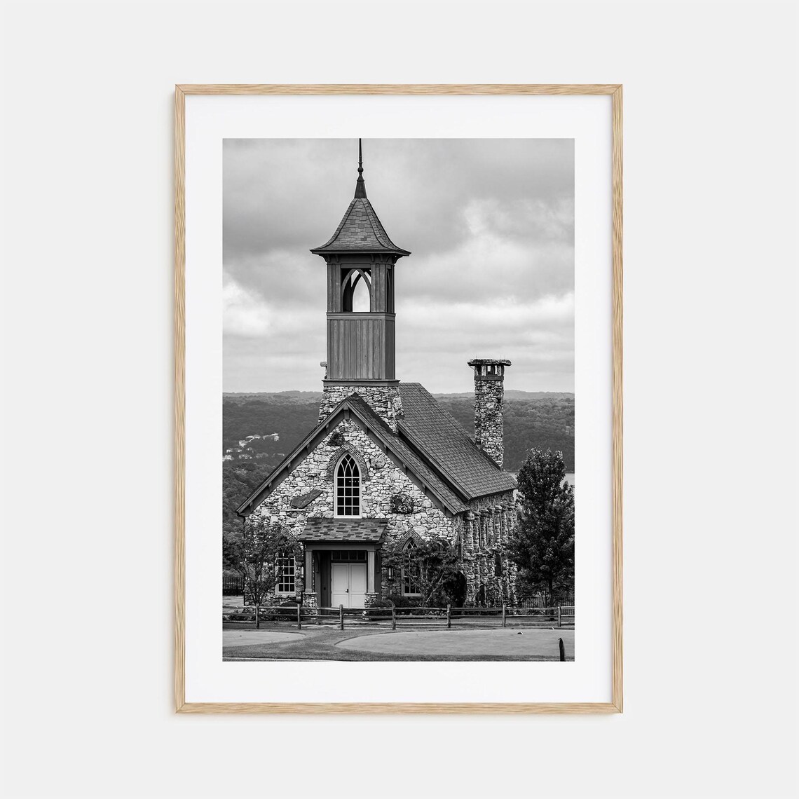 Branson Ozark Stone Chapel Bell Tower Black and White Photo Poster