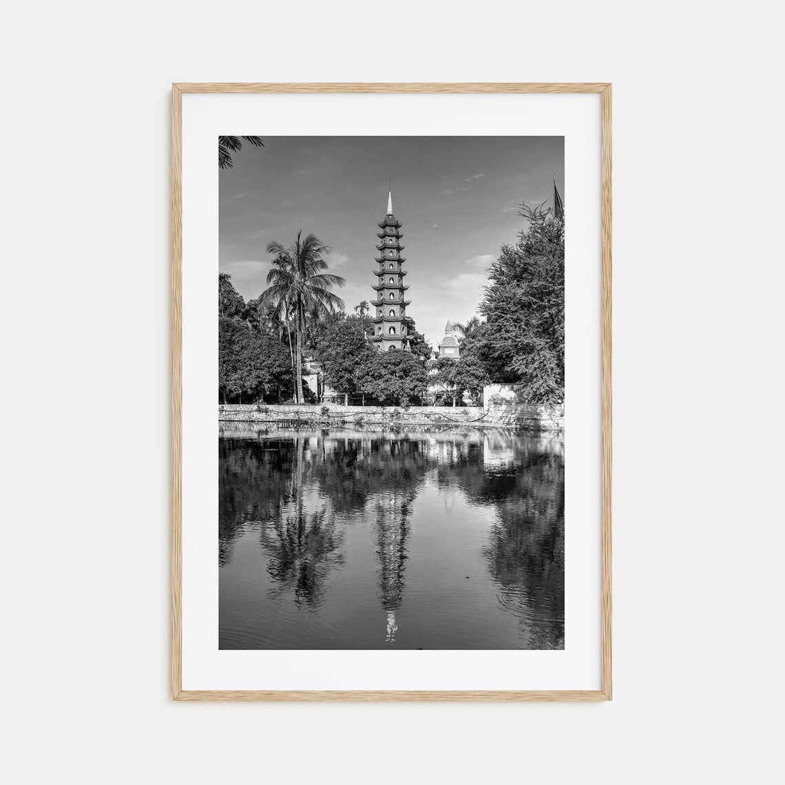 Tiered Pagoda Reflected In Still Water Black And White Poster