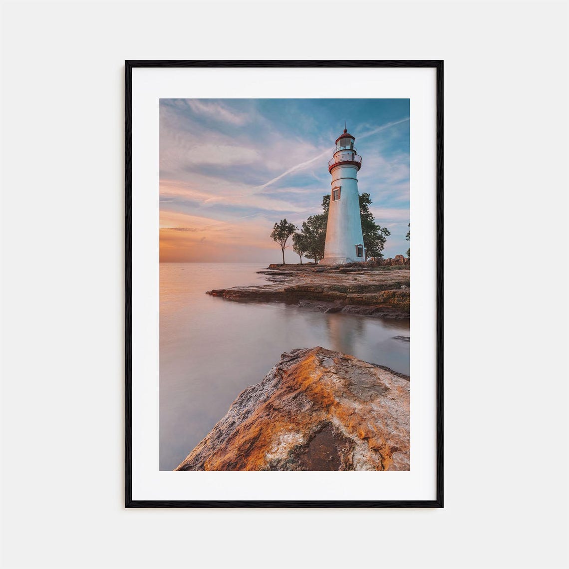 Lake Erie Lighthouse Rocky Point Soft Sunset Calm Water Poster