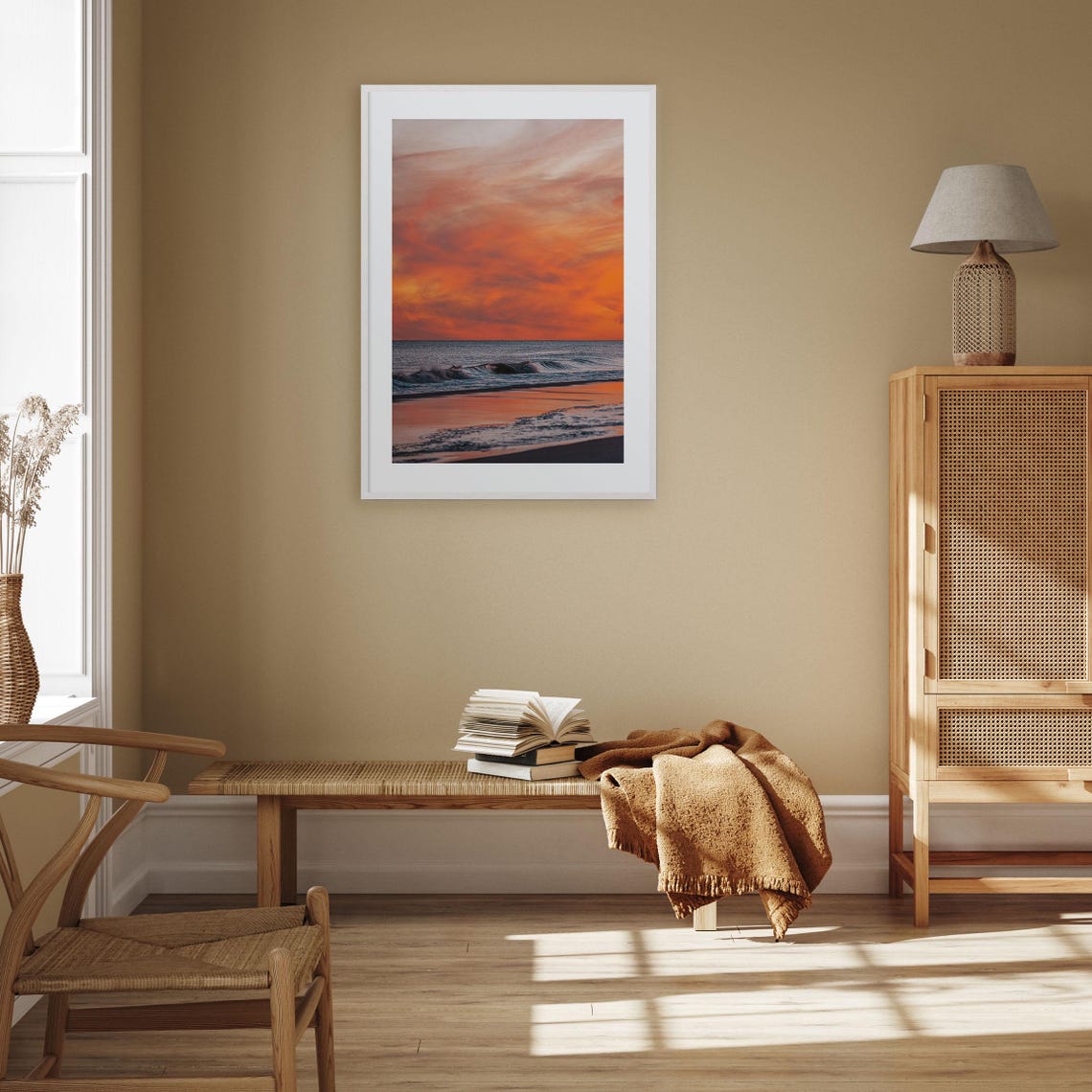 Ocean Sunset Fiery Orange Clouds Rolling Waves Beach Shore Poster - Image 3