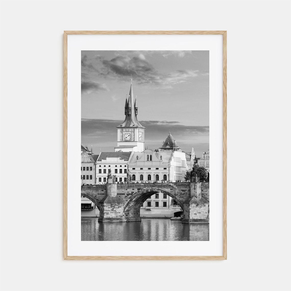 Prague Charles Bridge Old Town Tower River Black And White Poster