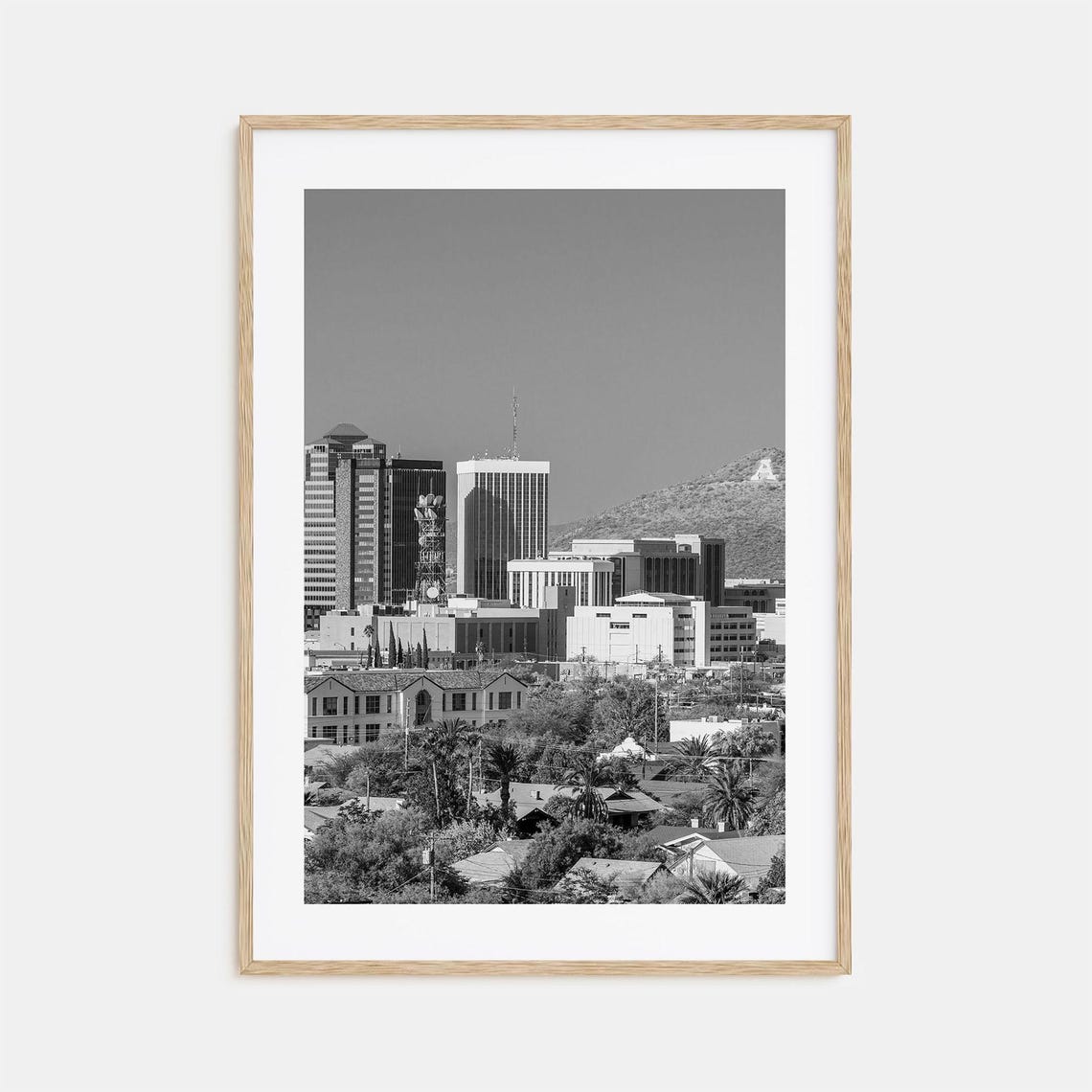 Tucson Arizona Downtown Skyline Mountains Black and White Poster