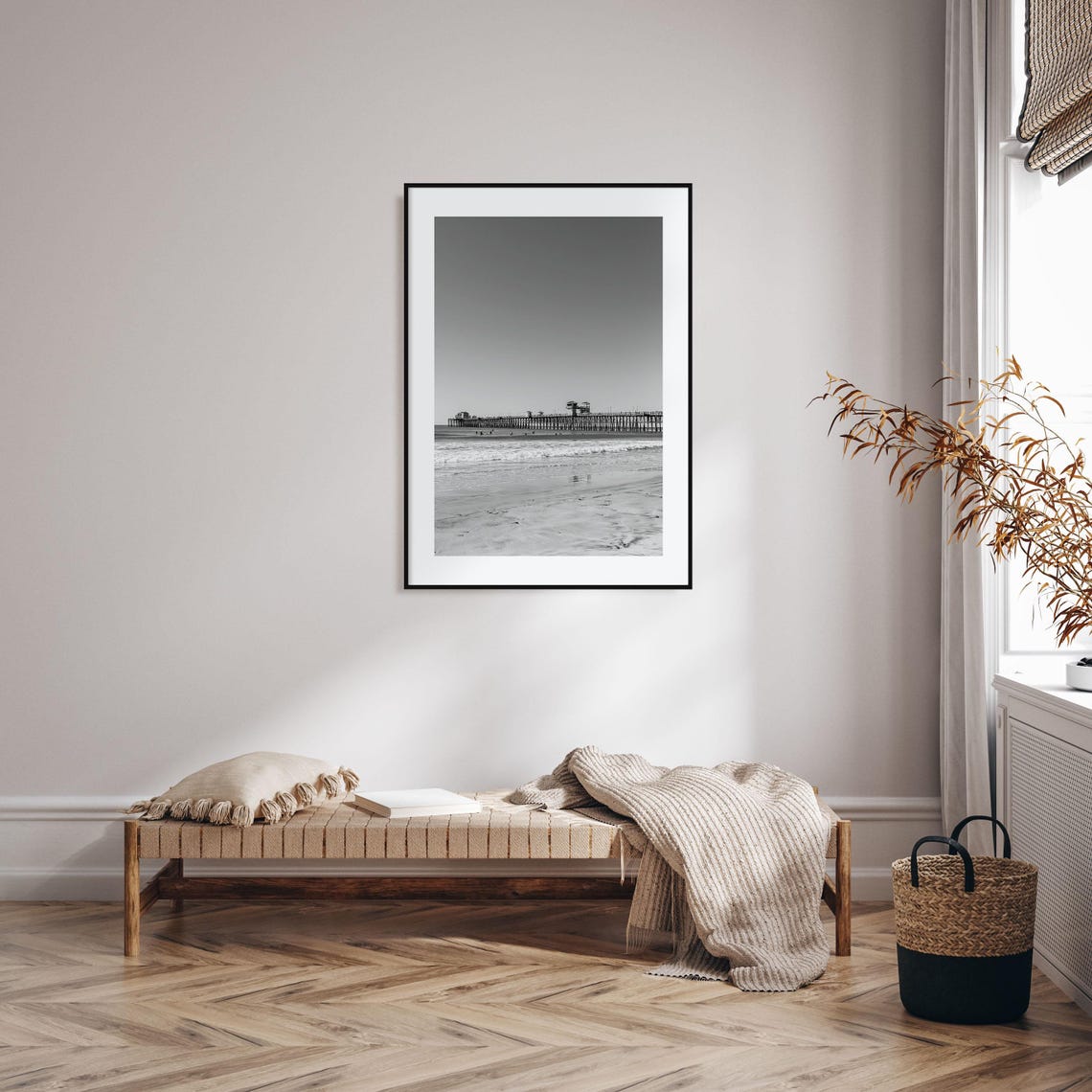 Wooden Ocean Pier Stretching Into The Surf Black White Poster - Image 2