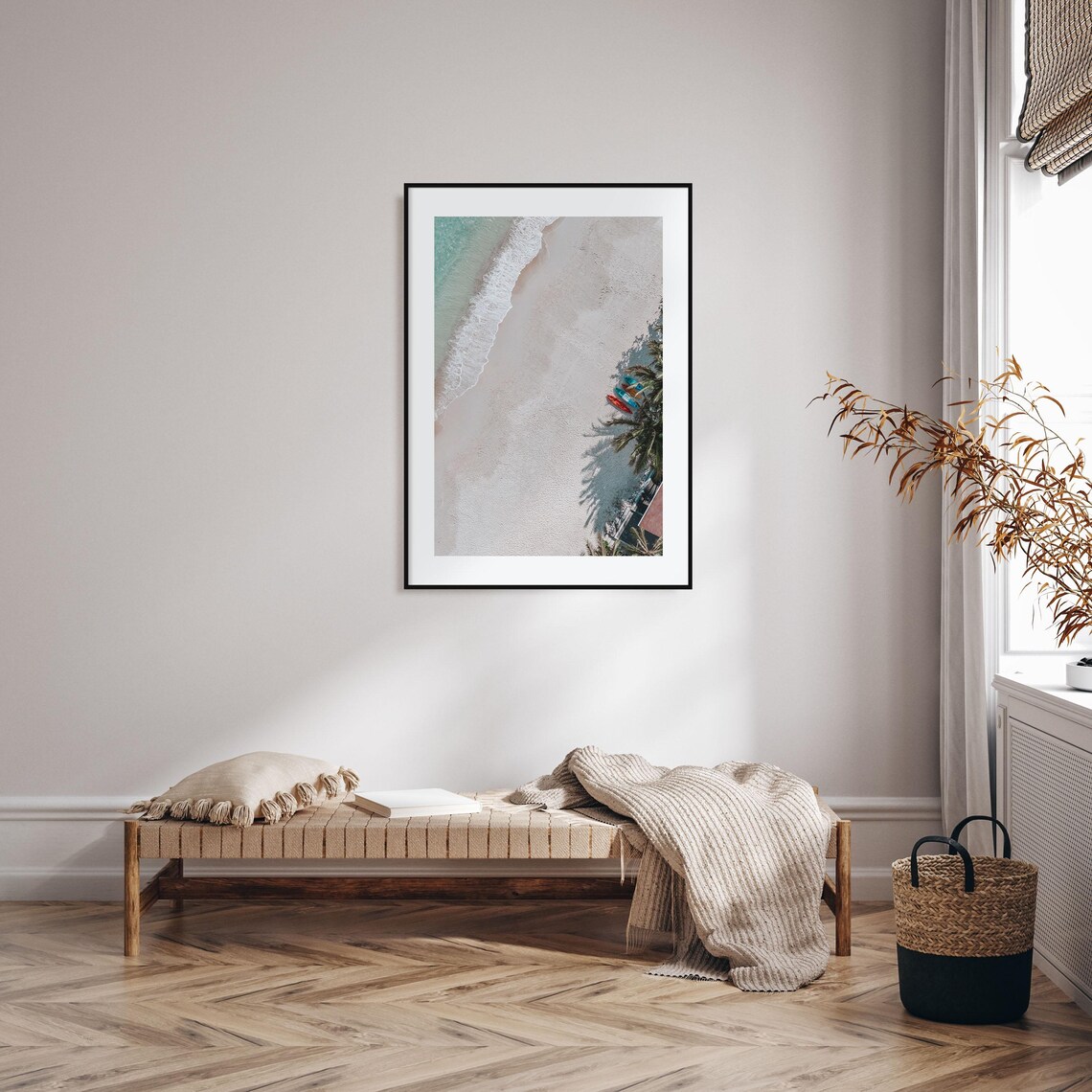 Aerial Beach View with Colorful Kayaks on White Sand Ocean Print - Image 2