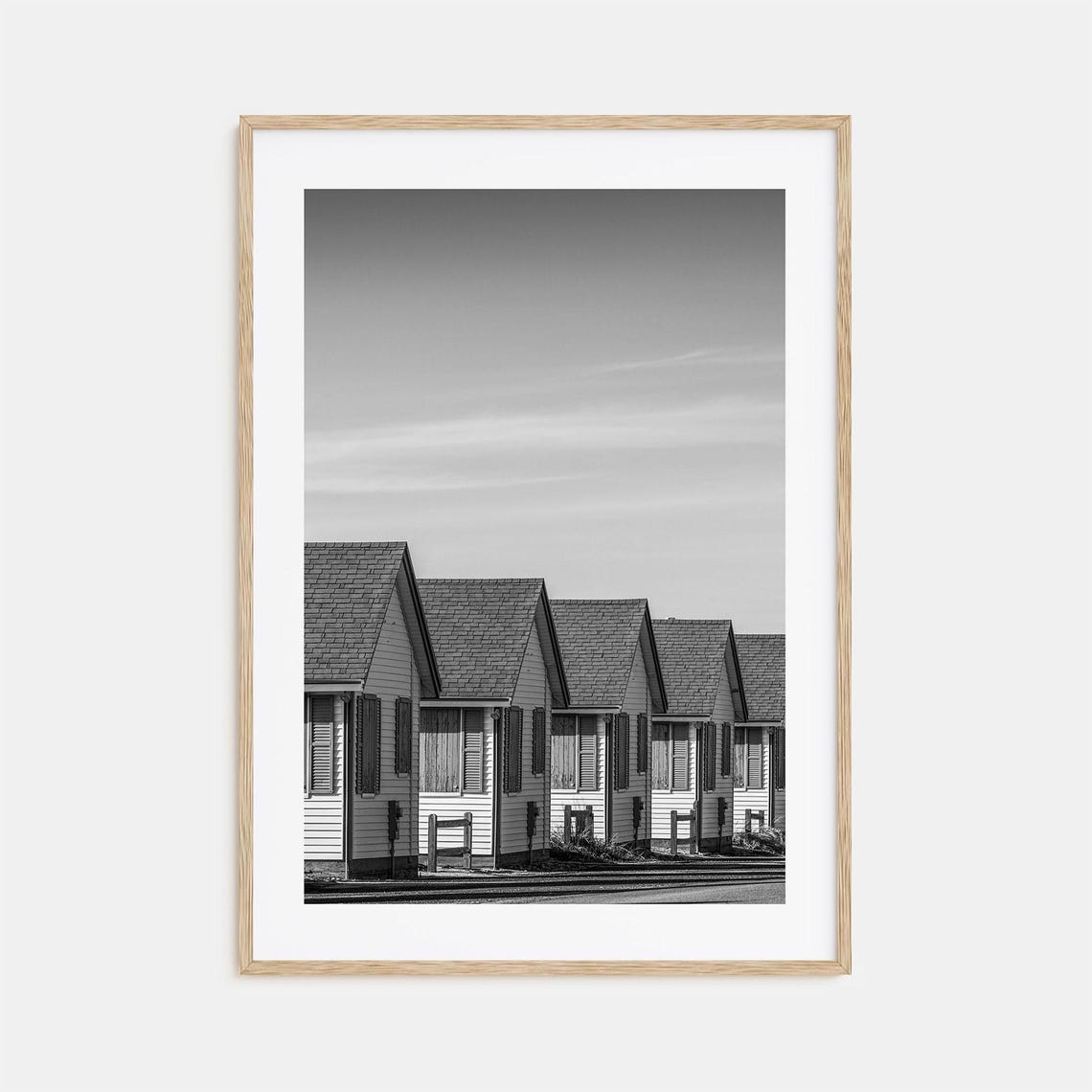 Cape Cod Beach Cottage Row Black and White Coastal Home Poster