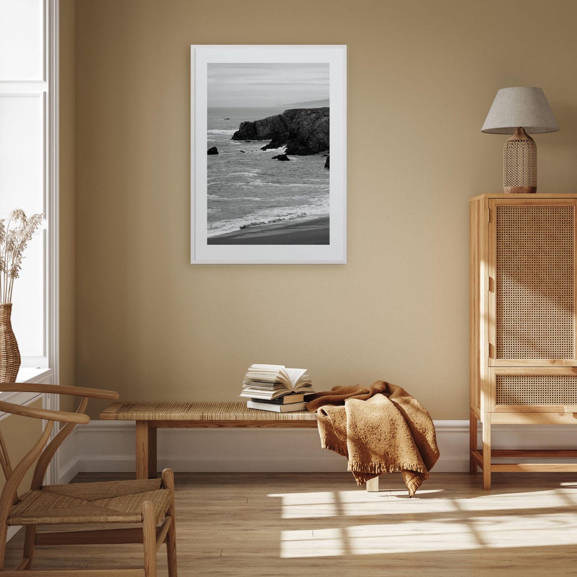 Bodega Bay California Rocky Cliffs Ocean Black and White Poster - Image 3