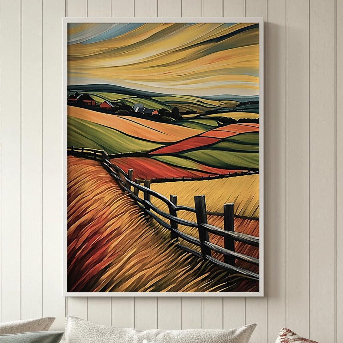 Autumn Farmland Split Rail Fence Painting Fall Countryside Harvest Poster