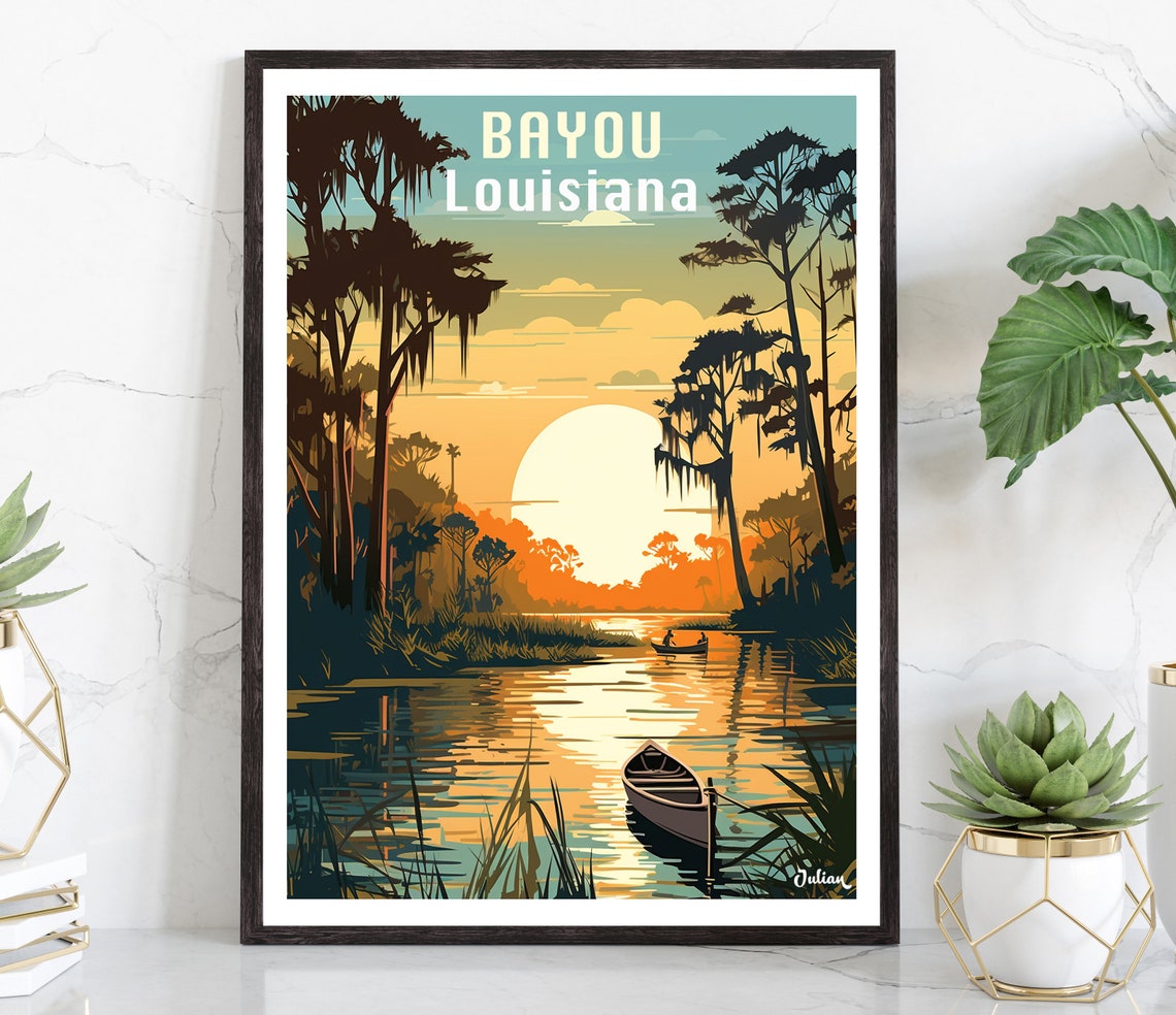 Louisiana Bayou Sunset Cypress Swamp Canoe Nature Travel Poster