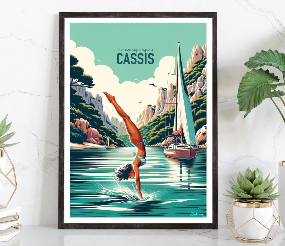 Cassis France Cliffs Diver Leaping Into Sea Sailboat Travel Poster