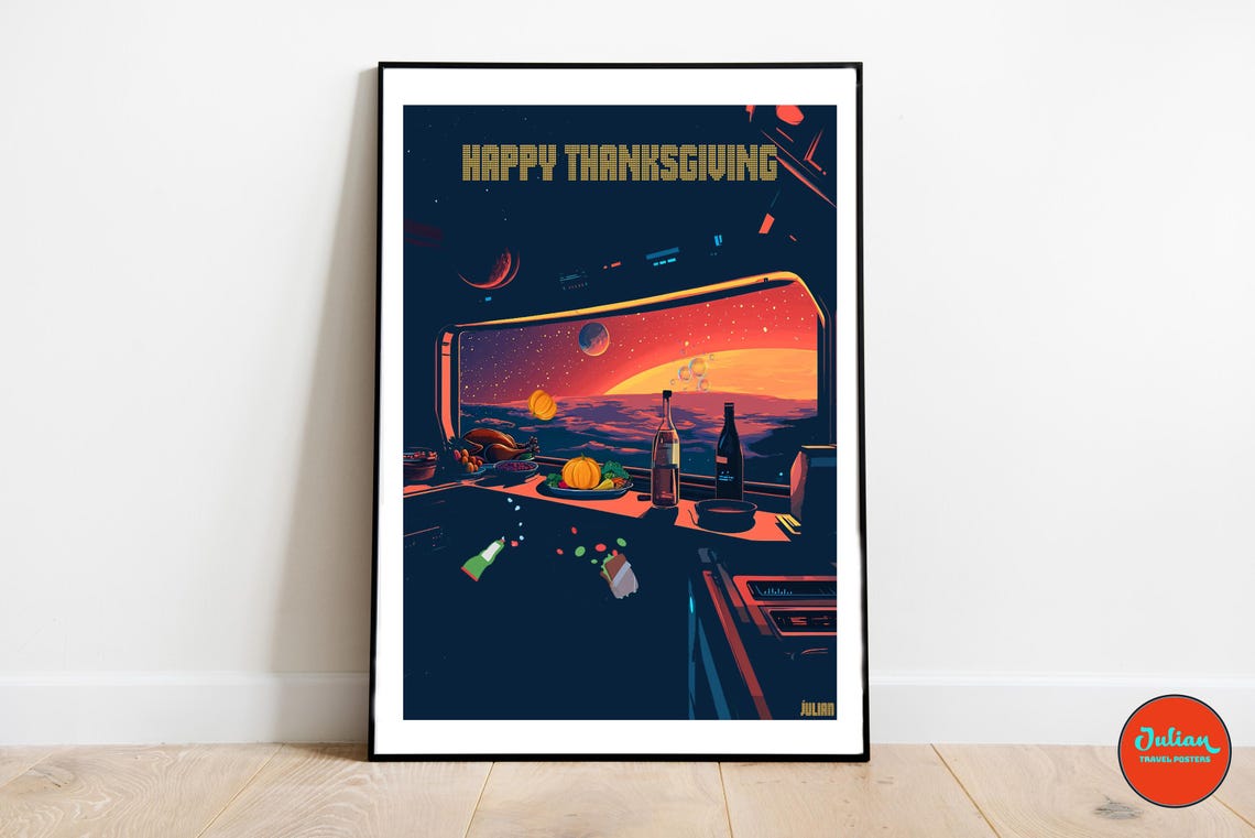 Happy Thanksgiving Zero-Gravity Feast in a Space Station Poster