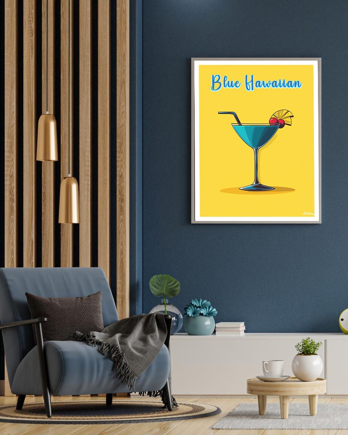 Blue Hawaiian Tropical Cocktail on Sunny Yellow Retro Bar Poster - Image 2