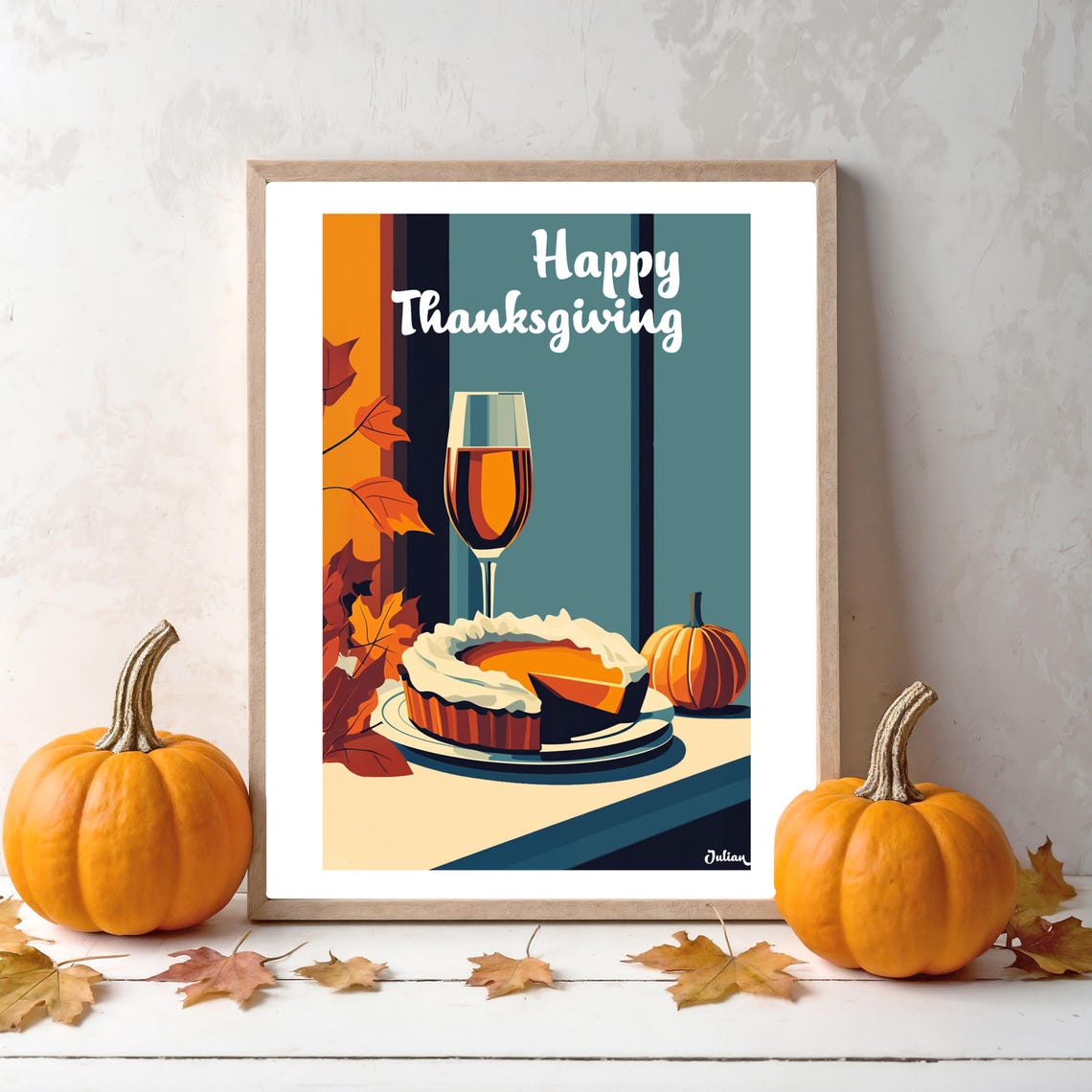 Happy Thanksgiving Pumpkin Pie and Wine in Art Deco Style Poster - Image 2
