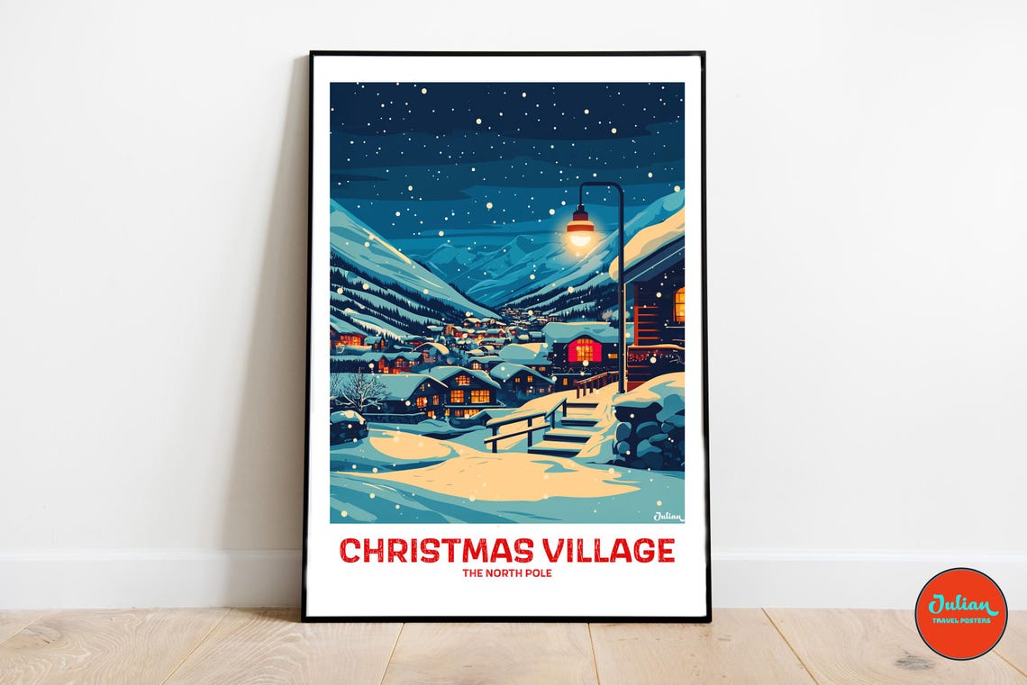 Christmas Village the North Pole Snowy Mountain Town Night Poster