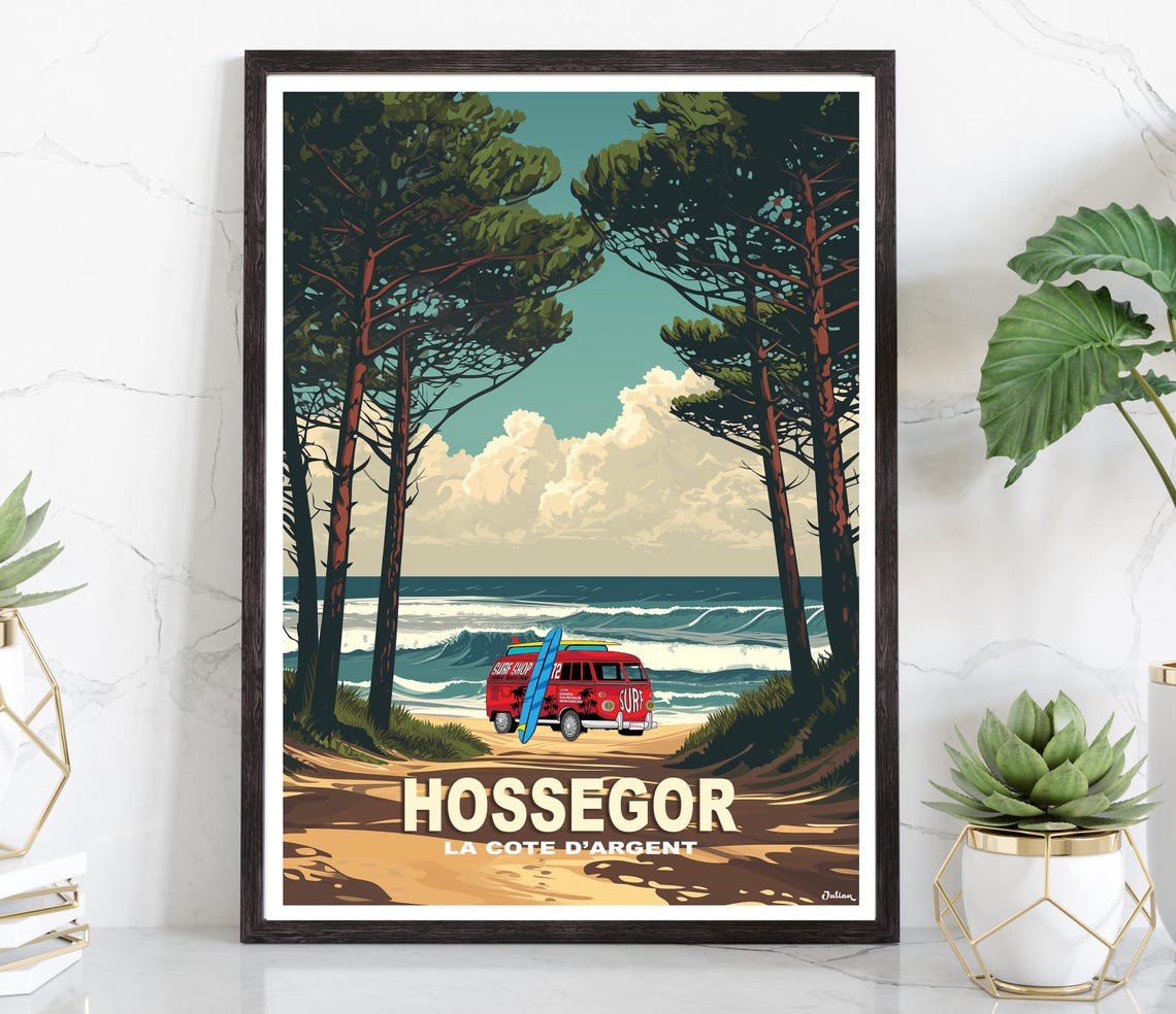 Hossegor Surf Beach Van on La Cote d'Argent France Travel Poster