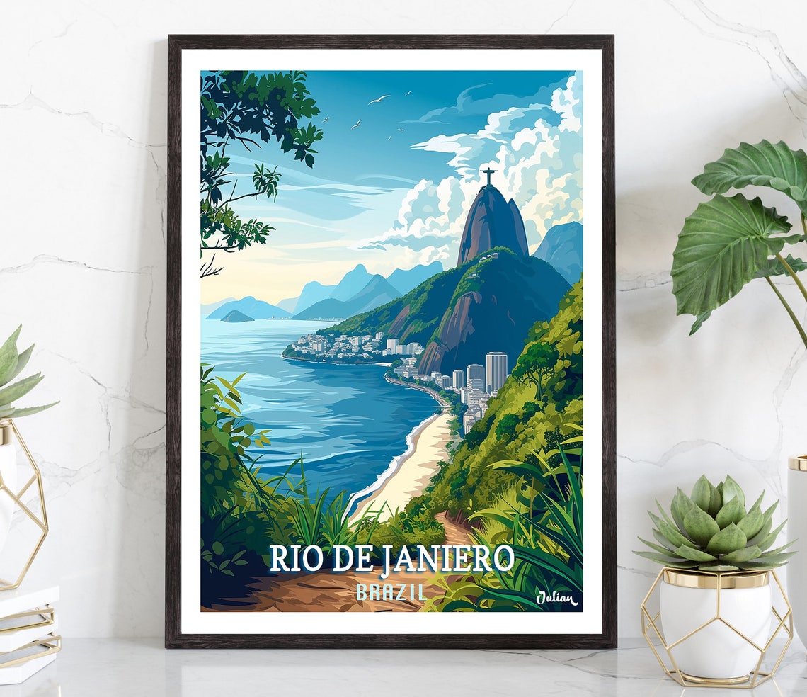 Rio de Janeiro Brazil Christ the Redeemer Beach Bay Travel Poster