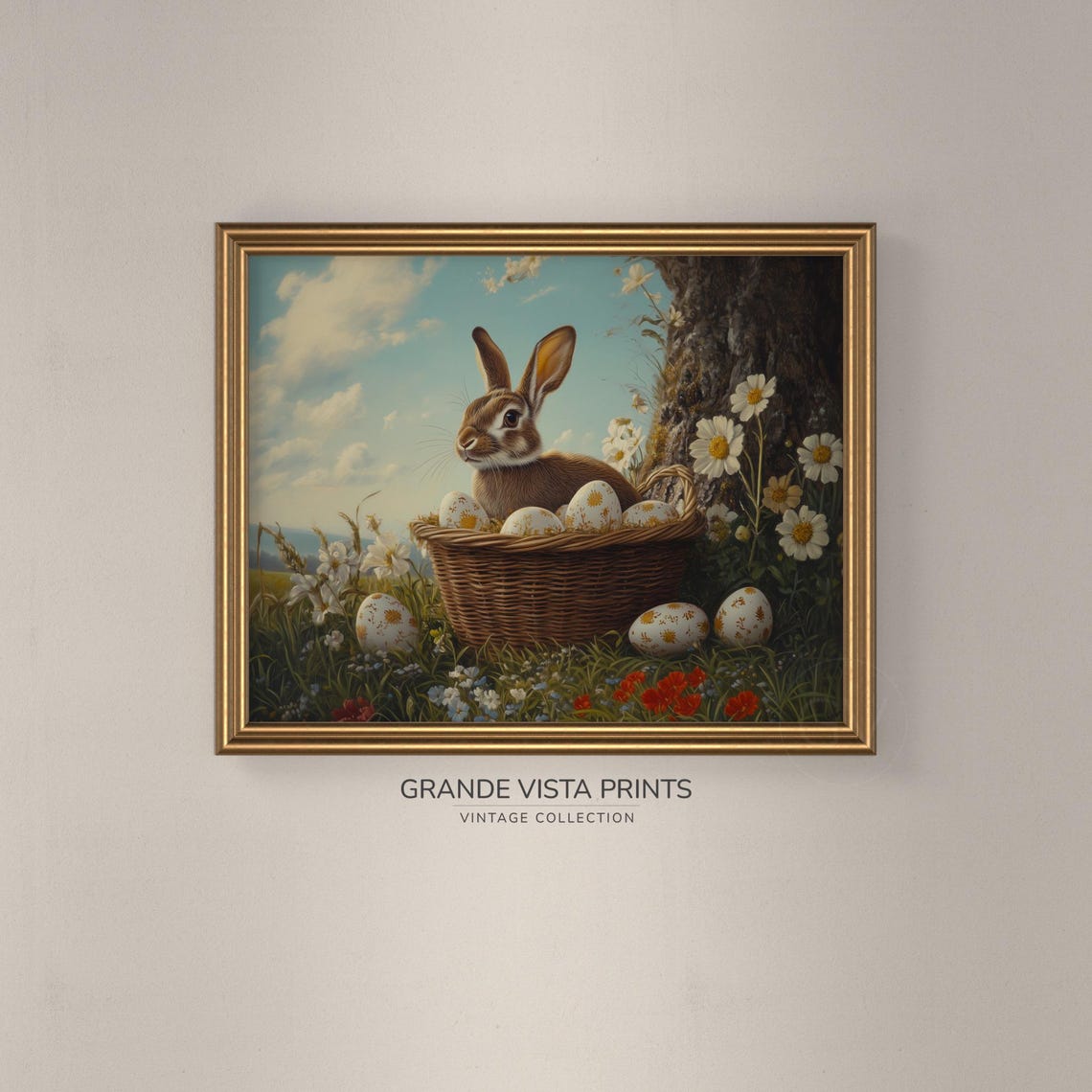 Brown Rabbit Easter Basket Painted Eggs Daisies Vintage Art Print - Image 3