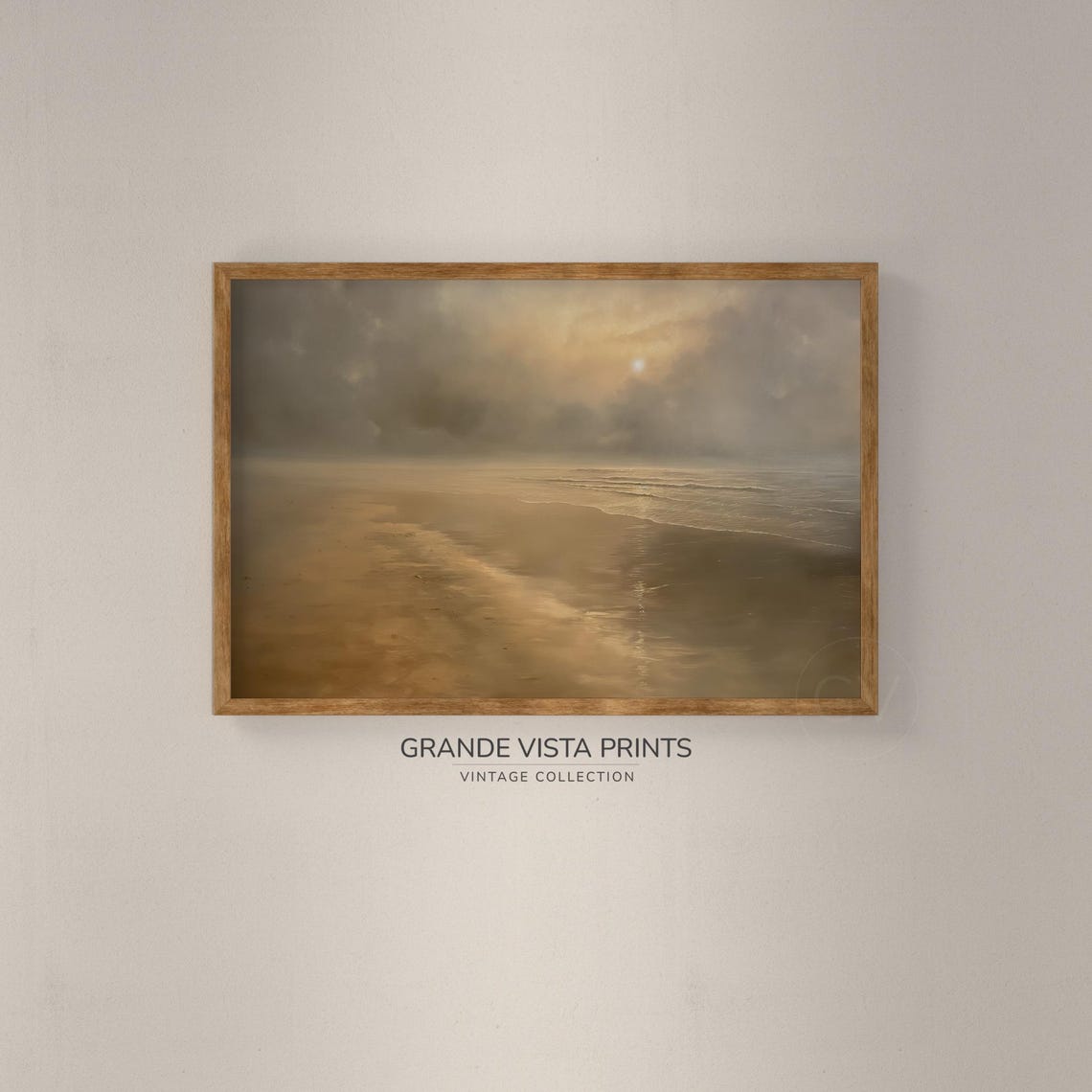 Golden Misty Beach Cloudy Sky Serene Ocean Seascape Vintage Poster - Image 2