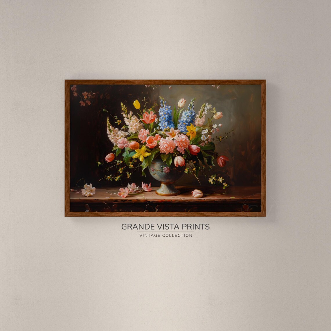 Tulip Blue Hyacinth Bouquet in Vase Vintage Still Life Art Print - Image 2