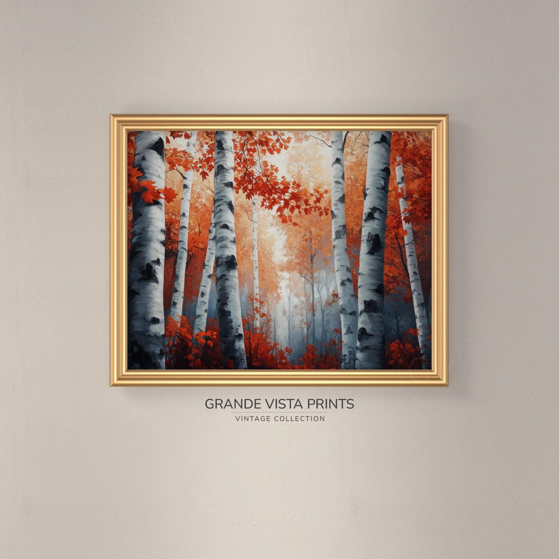 Fiery Red Orange Birch Forest Misty Gray Vintage Autumn Poster - Image 3