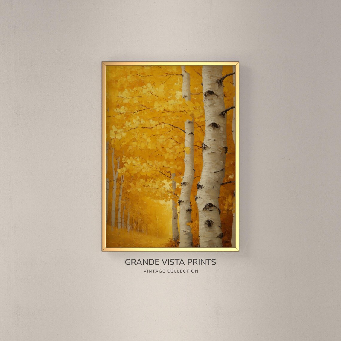 Dense Golden Yellow Aspen Canopy Birch Trunks Vintage Wall Art