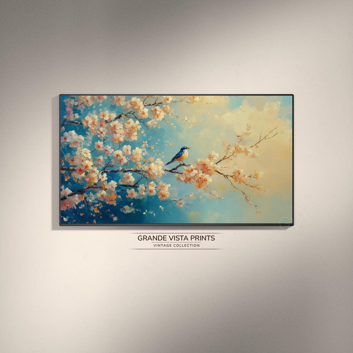 Bluebird on Cherry Blossom Branch Teal Sky Impressionist Wall Art