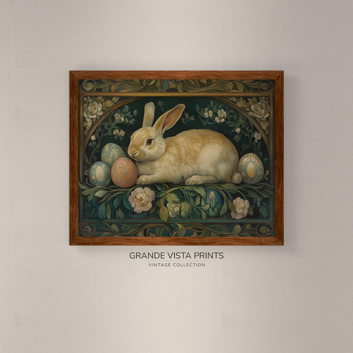 Cream Rabbit Ornate Floral Border Painted Easter Eggs Vintage Poster - Image 4