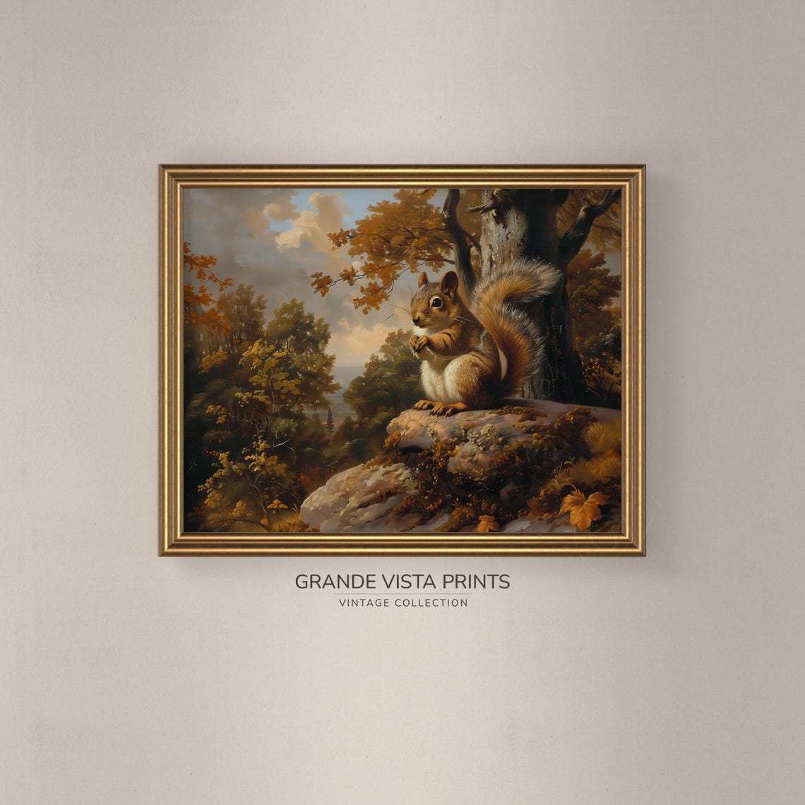 Red Squirrel with Acorn on Rock Autumn Woodland Vintage Poster - Image 3