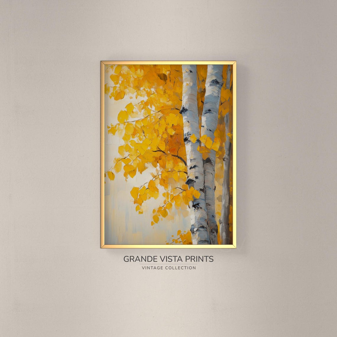 Yellow Aspen Leaves Birch Trunk Close Up Vintage Floral Wall Art