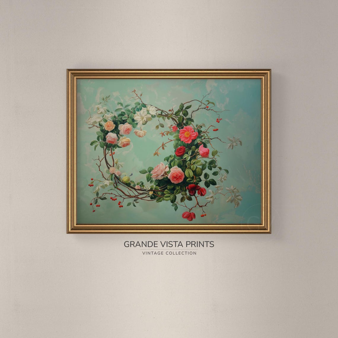 Pink Rose Wreath Garland Peachy Red Roses Mint Green Wall Art Print - Image 3