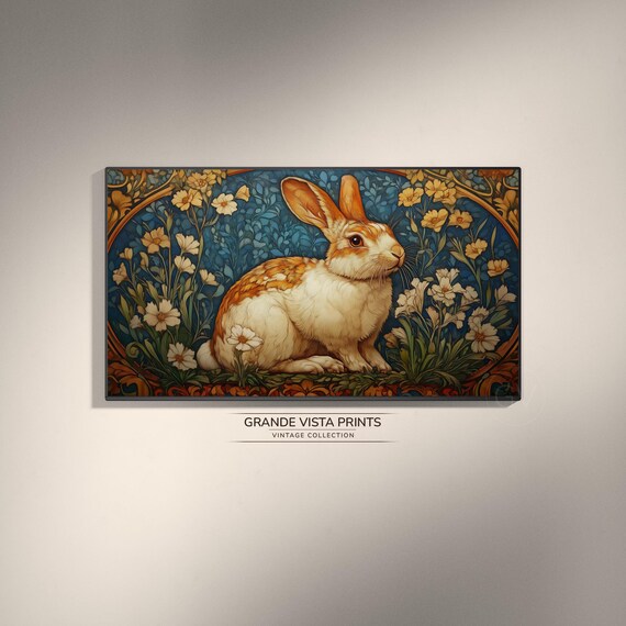 Brown and White Rabbit Among Flowers Art Nouveau Teal Wall Art
